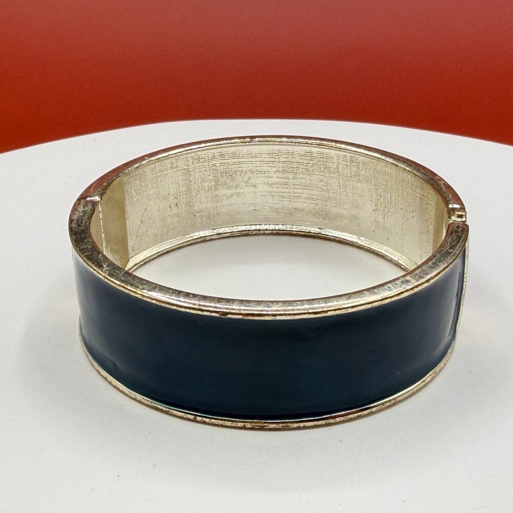 Teal Blue Enamel Wide Hinged Bangle Bracelet Gold Tone Statement Vintage Retro